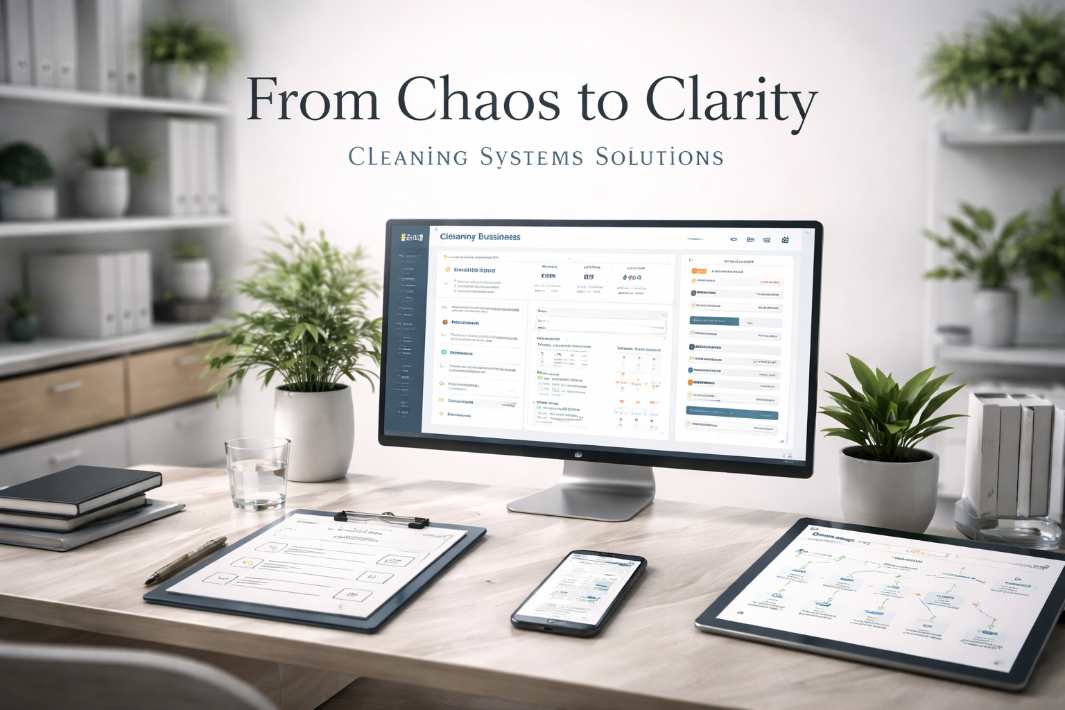 Cleaning System Solutions dashboard shown across desktop, tablet, and phone screens on a clean office desk.